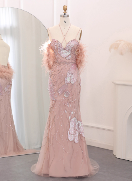 Dreamy Pink Mermaid Spaghetti Strap Open Back Beaded Sequin Tulle Long Prom Dress Evening Dress