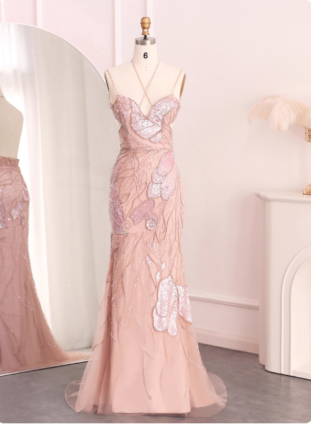Dreamy Pink Mermaid Spaghetti Strap Open Back Beaded Sequin Tulle Long Prom Dress Evening Dress