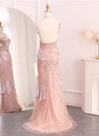 Dreamy Pink Mermaid Spaghetti Strap Open Back Beaded Sequin Tulle Long Prom Dress Evening Dress
