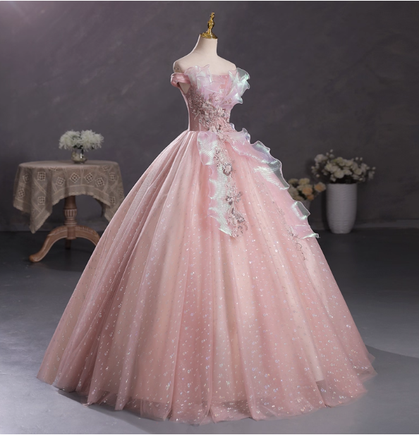 Dreamy Pink Off-Shoulder 3D Floral Iridescent Tulle Ball Gown Evening Dress Sweet 16 Dress Secondary image