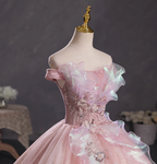 Dreamy Pink Off-Shoulder 3D Floral Iridescent Tulle Ball Gown Evening Dress Sweet 16 Dress