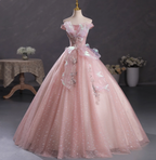 Dreamy Pink Off-Shoulder 3D Floral Iridescent Tulle Ball Gown Evening Dress Sweet 16 Dress