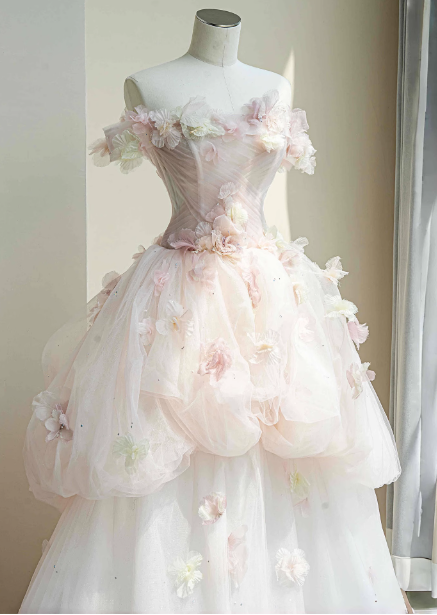 Dreamy Pink-White Off-The-Shoulder 3D Floral Tulle Long Ball Gown Evening Dress Sweet 16 Dress Secondary image
