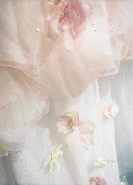 Dreamy Pink-White Off-The-Shoulder 3D Floral Tulle Long Ball Gown Evening Dress Sweet 16 Dress