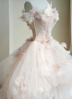 Dreamy Pink-White Off-The-Shoulder 3D Floral Tulle Long Ball Gown Evening Dress Sweet 16 Dress