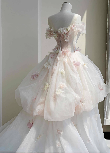 Dreamy Pink-White Off-The-Shoulder 3D Floral Tulle Long Ball Gown Evening Dress Sweet 16 Dress