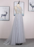 Dreamy Princess A Line V Neck Train Sequin Tulle Prom Dress Evening Dress