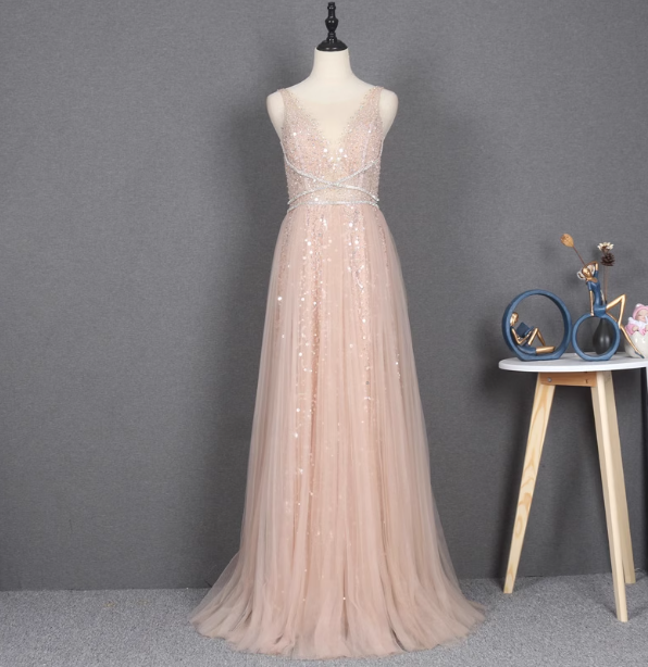 Dreamy Princess A Line V Neck Train Sequin Tulle Prom Dress Evening Dress