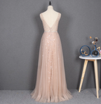 Dreamy Princess A Line V Neck Train Sequin Tulle Prom Dress Evening Dress