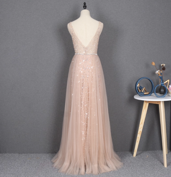 Dreamy Princess A Line V Neck Train Sequin Tulle Prom Dress Evening Dress