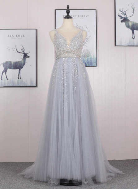 Dreamy Princess A Line V Neck Train Sequin Tulle Prom Dress Evening Dress