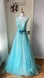 Dreamy Princess Blue A-Line Round Neck Sequined Tulle Long Prom Dress Evening Dress