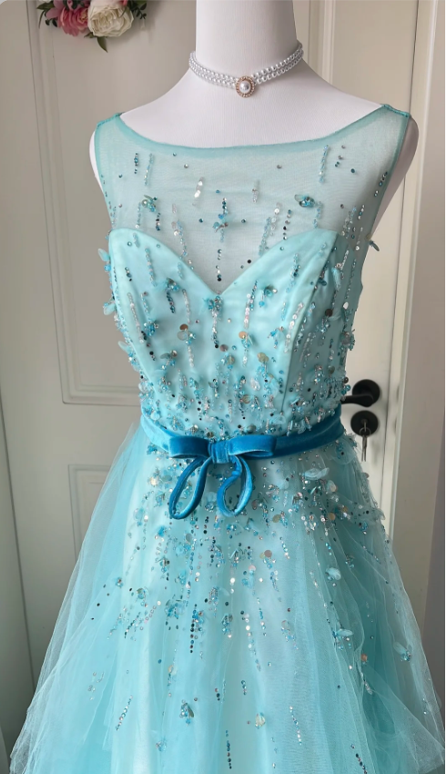Dreamy Princess Blue A-Line Round Neck Sequined Tulle Long Prom Dress Evening Dress