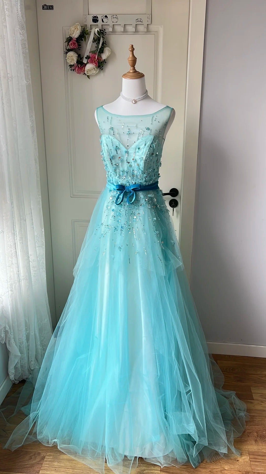 Dreamy Princess Blue A-Line Round Neck Sequined Tulle Long Prom Dress Evening Dress Main image