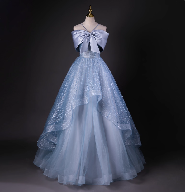 Dreamy Princess Blue Off-Shoulder Oversized Bow Tulle Long Ball Gown Evening Dress Sweet 16 Dress