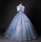 Dreamy Princess Blue Off-Shoulder Oversized Bow Tulle Long Ball Gown Evening Dress Sweet 16 Dress