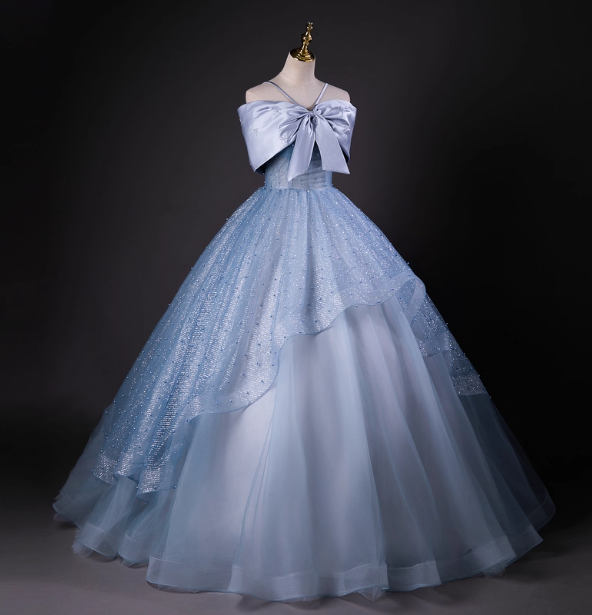 Dreamy Princess Blue Off-Shoulder Oversized Bow Tulle Long Ball Gown Evening Dress Sweet 16 Dress