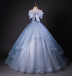 Dreamy Princess Blue Off-Shoulder Oversized Bow Tulle Long Ball Gown Evening Dress Sweet 16 Dress