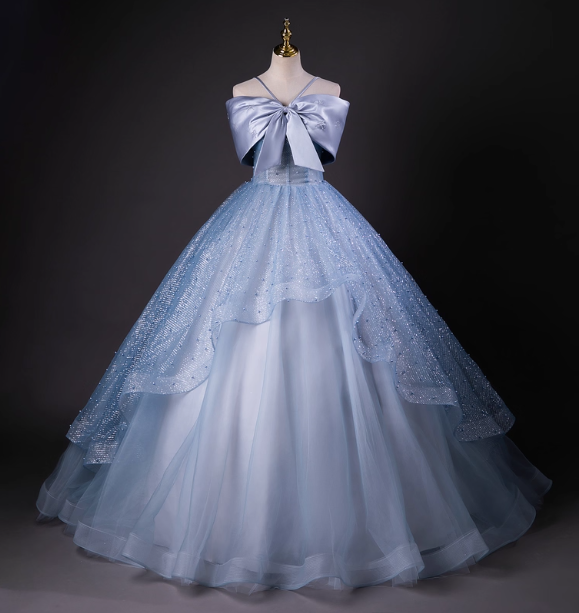 Dreamy Princess Blue Off-Shoulder Oversized Bow Tulle Long Ball Gown Evening Dress Sweet 16 Dress