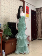 Dreamy Princess Mint Green Mermaid Spaghetti Strap Backless Sequined Long Prom Dress Evening Dress