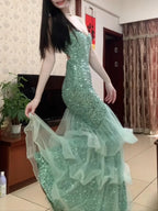 Dreamy Princess Mint Green Mermaid Spaghetti Strap Backless Sequined Long Prom Dress Evening Dress