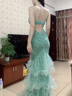 Dreamy Princess Mint Green Mermaid Spaghetti Strap Backless Sequined Long Prom Dress Evening Dress