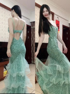 Dreamy Princess Mint Green Mermaid Spaghetti Strap Backless Sequined Long Prom Dress Evening Dress