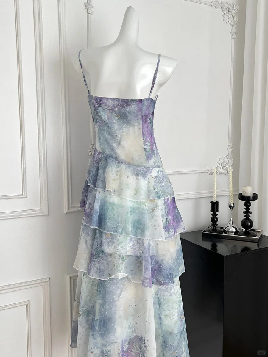 Dreamy Purple And Blue Gradient A-Line Spaghetti Strap Cake Chiffon Long Prom Dress Evening Dress
