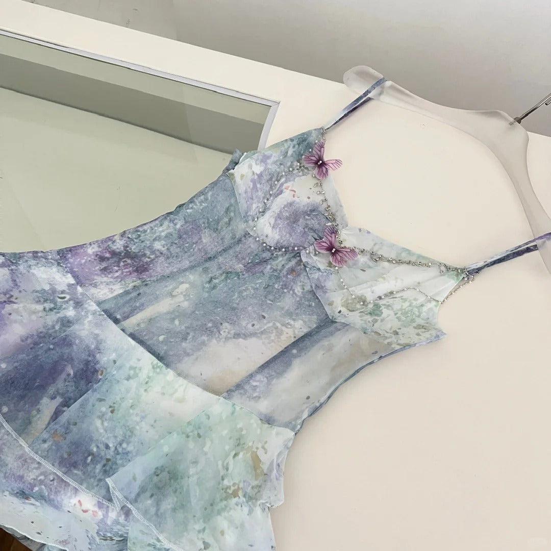 Dreamy Purple And Blue Gradient A-Line Spaghetti Strap Cake Chiffon Long Prom Dress Evening Dress