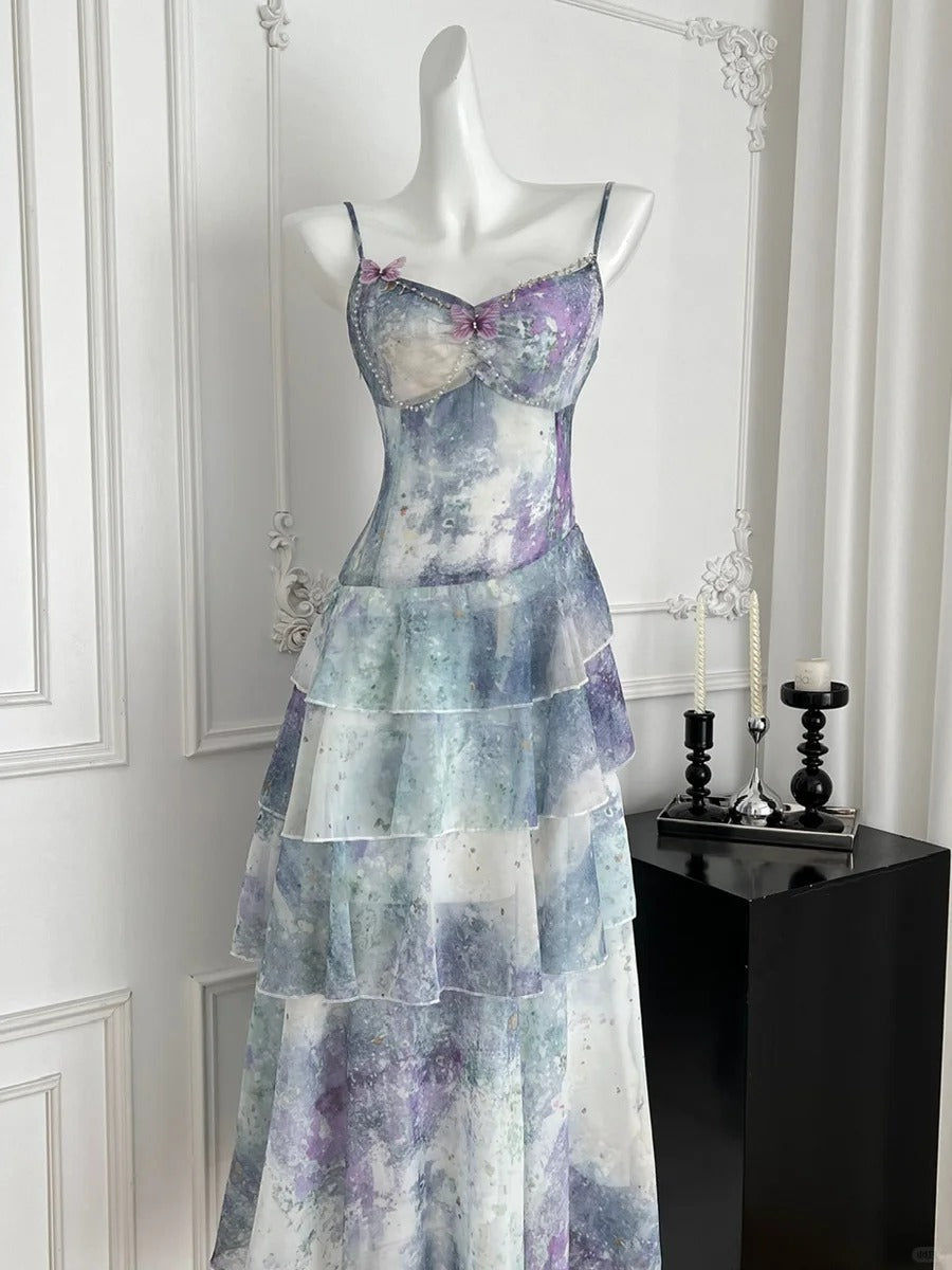 Dreamy Purple And Blue Gradient A-Line Spaghetti Strap Cake Chiffon Long Prom Dress Evening Dress Main image