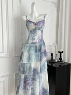 Dreamy Purple And Blue Gradient A-Line Spaghetti Strap Cake Chiffon Long Prom Dress Evening Dress