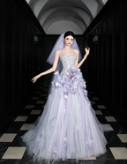 Dreamy Purple Strapless 3D Floral Tulle Train Ball Gown Evening Dress