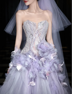 Dreamy Purple Strapless 3D Floral Tulle Train Ball Gown Evening Dress