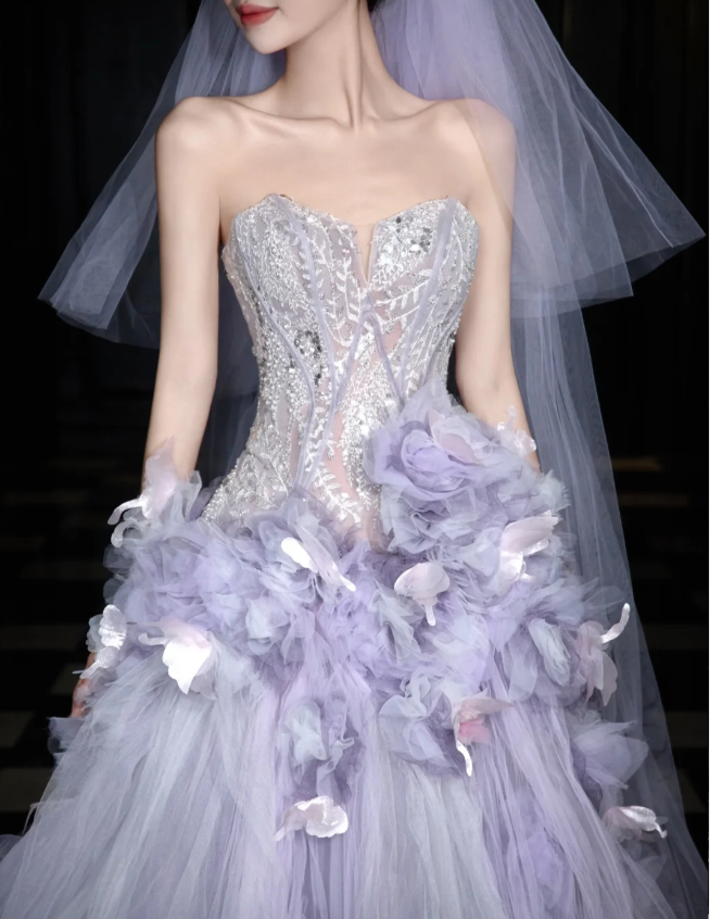 Dreamy Purple Strapless 3D Floral Tulle Train Ball Gown Evening Dress
