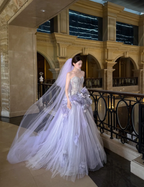 Dreamy Purple Strapless 3D Floral Tulle Train Ball Gown Evening Dress