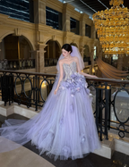 Dreamy Purple Strapless 3D Floral Tulle Train Ball Gown Evening Dress