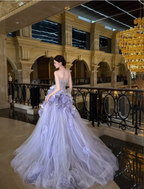Dreamy Purple Strapless 3D Floral Tulle Train Ball Gown Evening Dress
