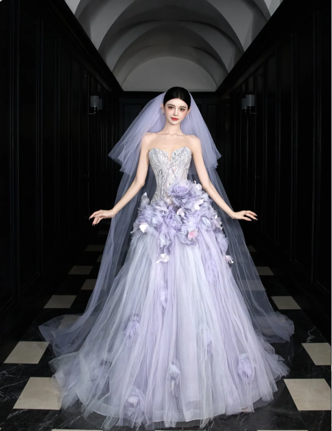Dreamy Purple Strapless 3D Floral Tulle Train Ball Gown Evening Dress Main image