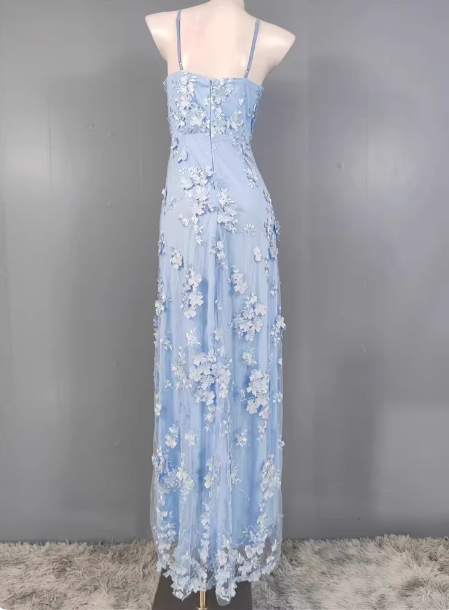 Dreamy Sky Blue A-Line Spaghetti Strap Deep V 3D Floral Tulle Long Prom Dress Evening Dress Secondary image