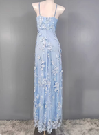 Dreamy Sky Blue A-Line Spaghetti Strap Deep V 3D Floral Tulle Long Prom Dress Evening Dress