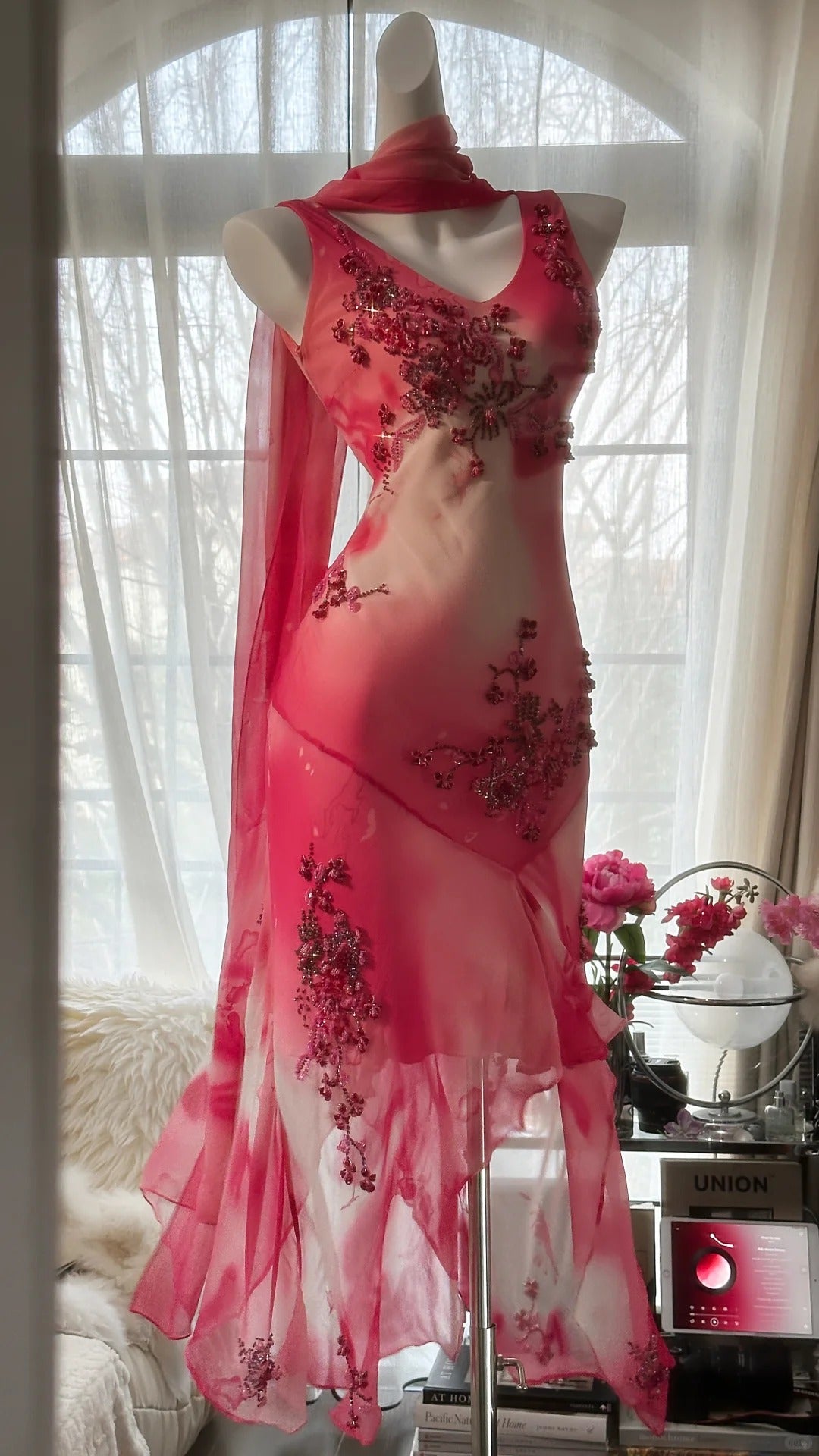 Dreamy Smudged Flower Beaded Chiffon Irregular Skirt Prom Dress