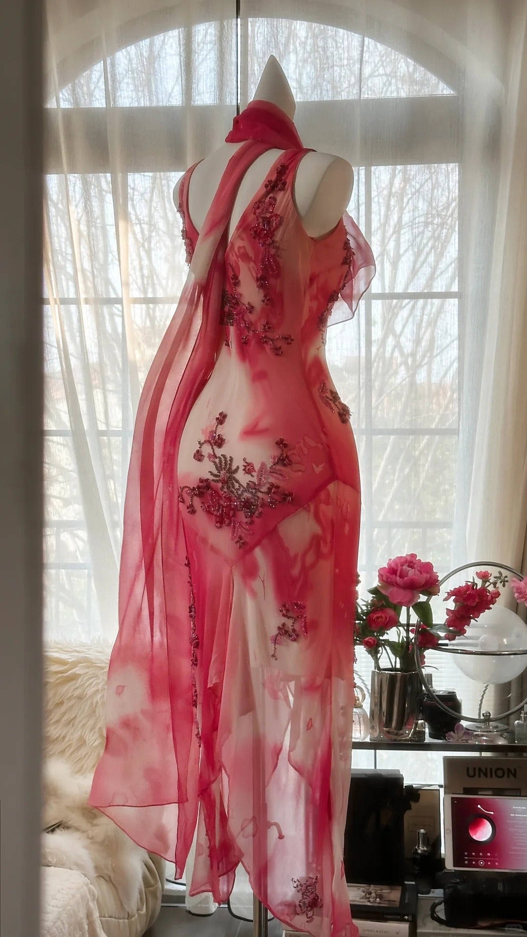 Dreamy Smudged Flower Beaded Chiffon Irregular Skirt Prom Dress