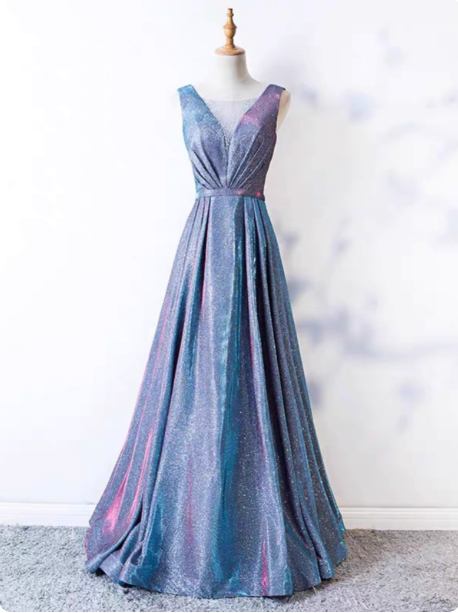 Dreamy Starry Sky Gradient Purple-Blue V-Neck Satin Long Prom Dress Evening Dress Main image