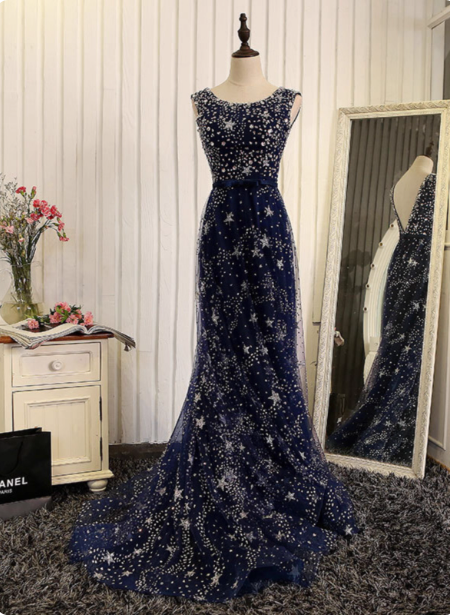 Dreamy Starry Sky Navy Blue A-Line Crew Neck Star-Patterned Tulle Train Prom Dress Evening Dress Secondary image