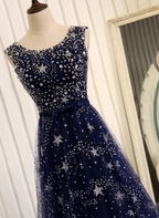 Dreamy Starry Sky Navy Blue A-Line Crew Neck Star-Patterned Tulle Train Prom Dress Evening Dress