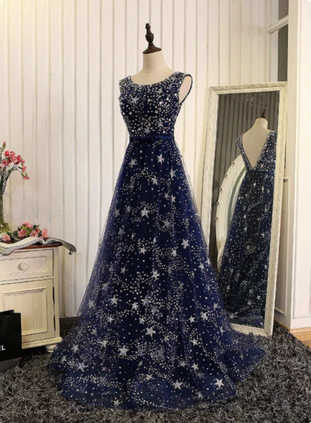 Dreamy Starry Sky Navy Blue A-Line Crew Neck Star-Patterned Tulle Train Prom Dress Evening Dress Main image