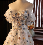 Dreamy White A-Line Off-The-Shoulder 3D Floral Sequined Tulle Long Prom Dress Evening Dress