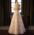 Dreamy White A-Line Off-The-Shoulder 3D Floral Sequined Tulle Long Prom Dress Evening Dress