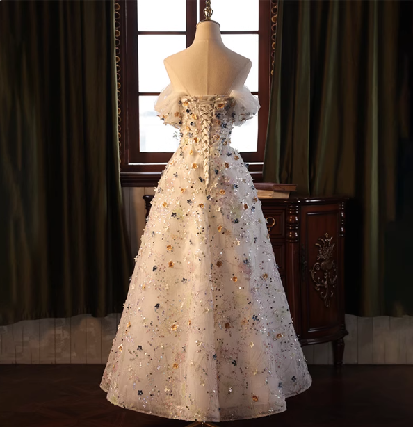 Dreamy White A-Line Off-The-Shoulder 3D Floral Sequined Tulle Long Prom Dress Evening Dress