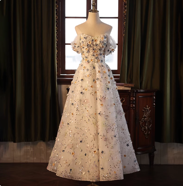 Dreamy White A-Line Off-The-Shoulder 3D Floral Sequined Tulle Long Prom Dress Evening Dress Main image